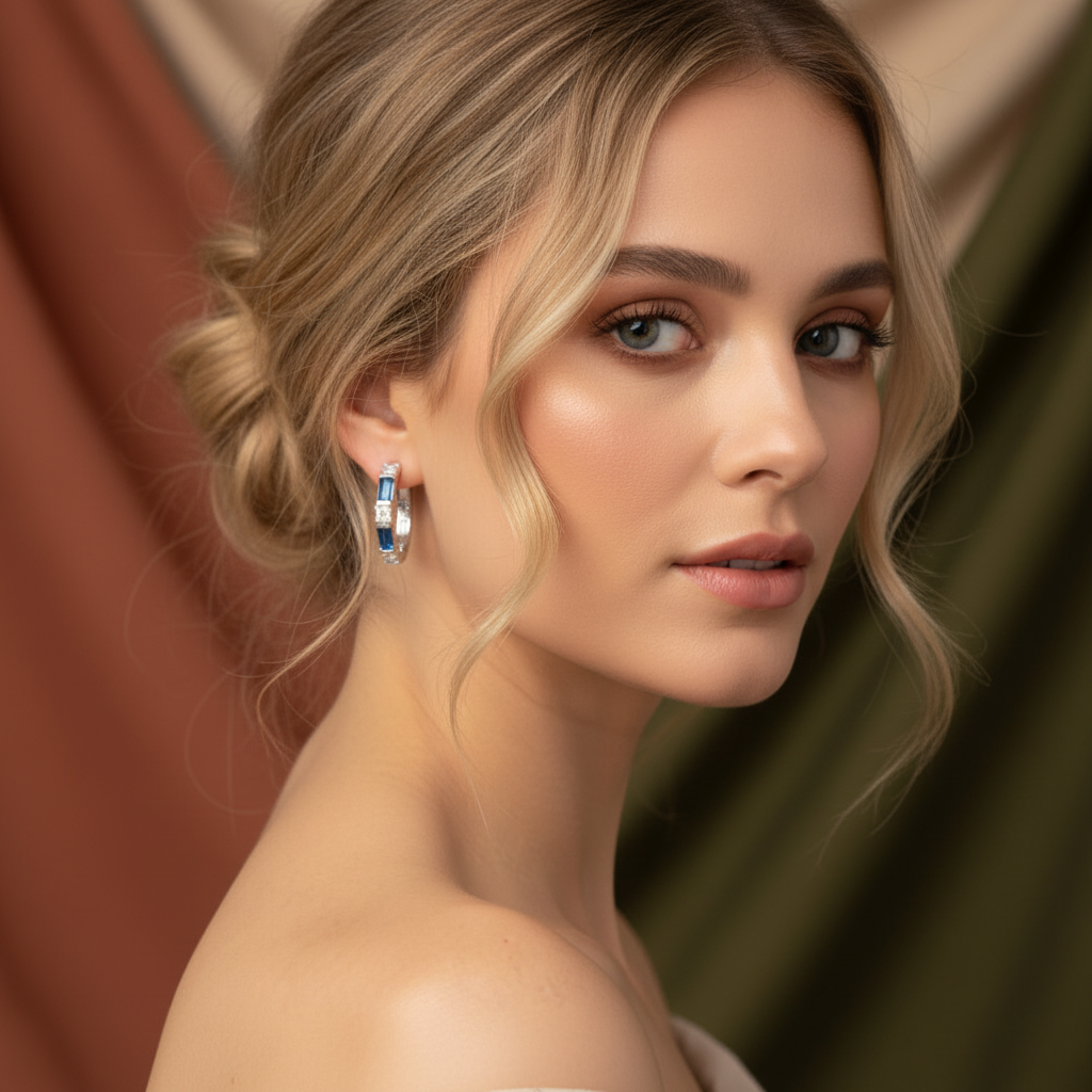 Blue Clear Zircon Hoop Earrings in 925 Sterling Silver