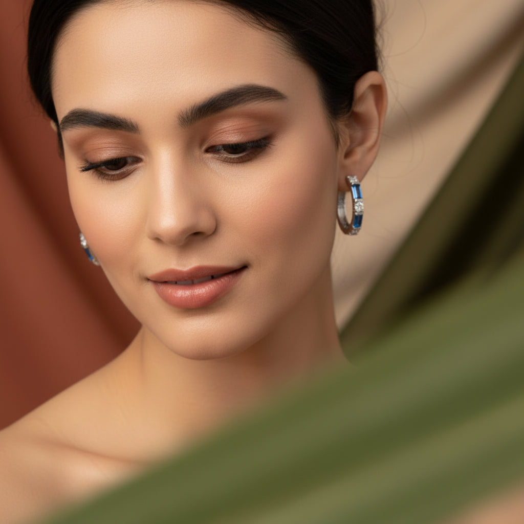 Blue Clear Zircon Hoop Earrings in 925 Sterling Silver