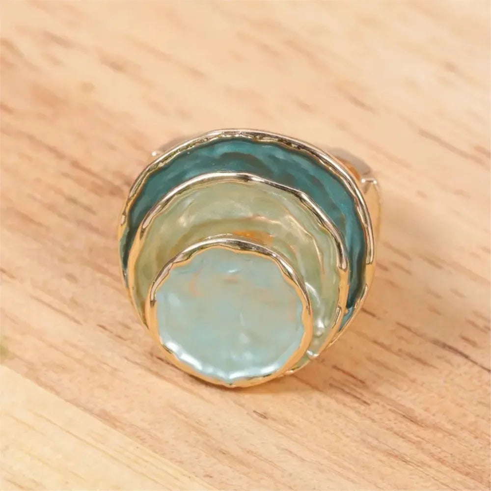 14K Gold Plated Cocktail Ring - Bohemian Three-Layer Circular Blue Bold