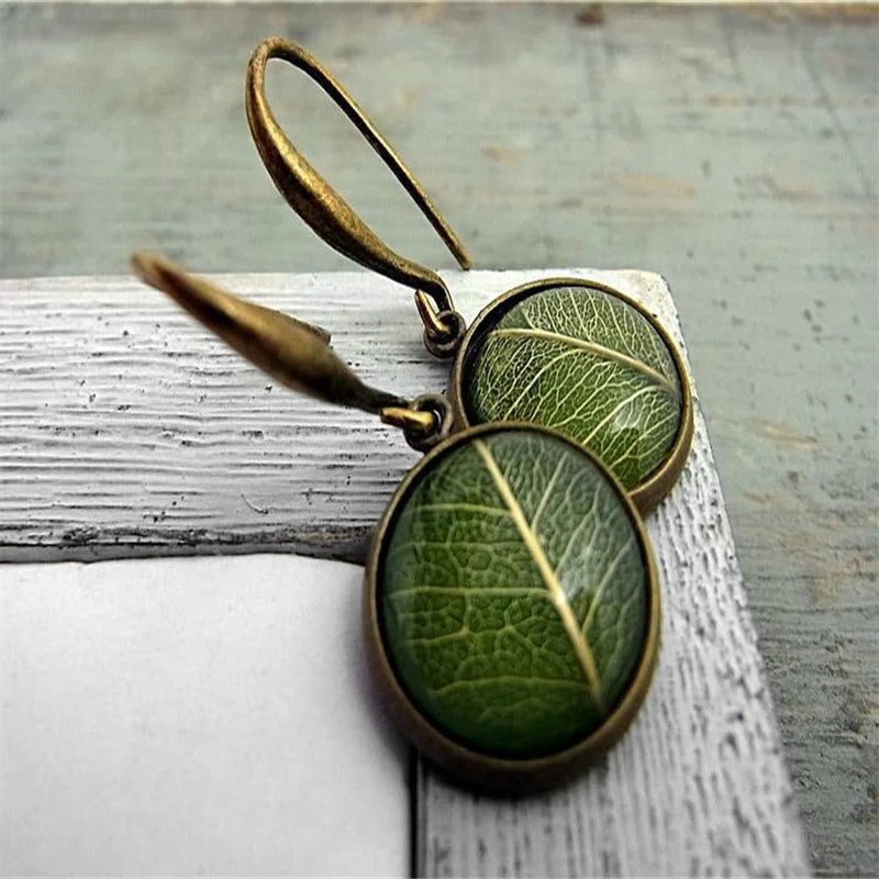 Copper Resin Green Leaf Drop Earrings