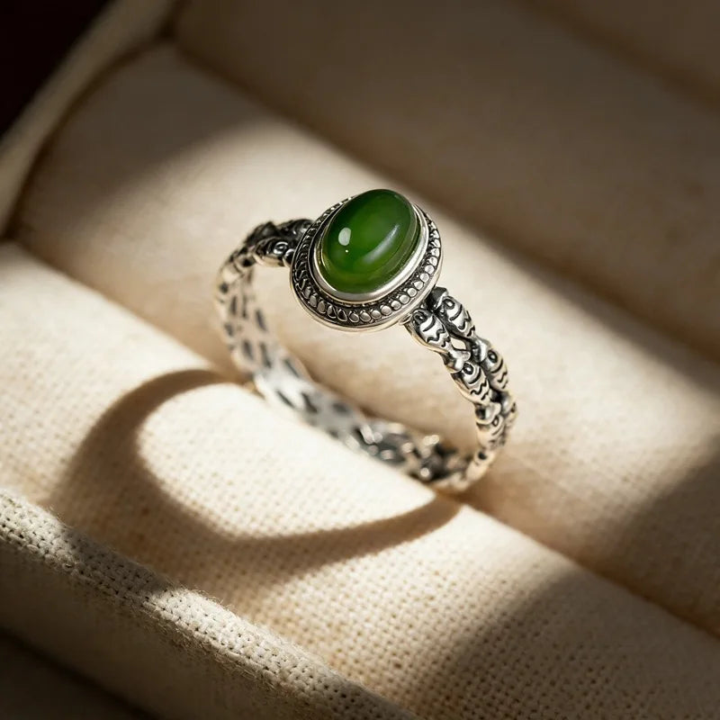 925 Sterling Silver Green Stone Adjustable Ring