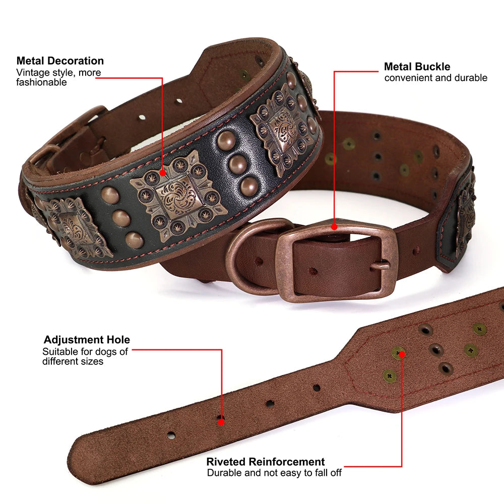 100% Leather Wide Collar Leash Set for Large Dogs - BOLD, STYLISH, VINTAGE
