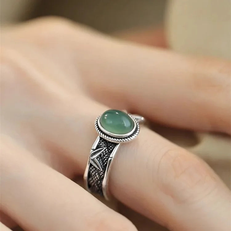 925 Sterling Silver Adjustable Green Stone Ring