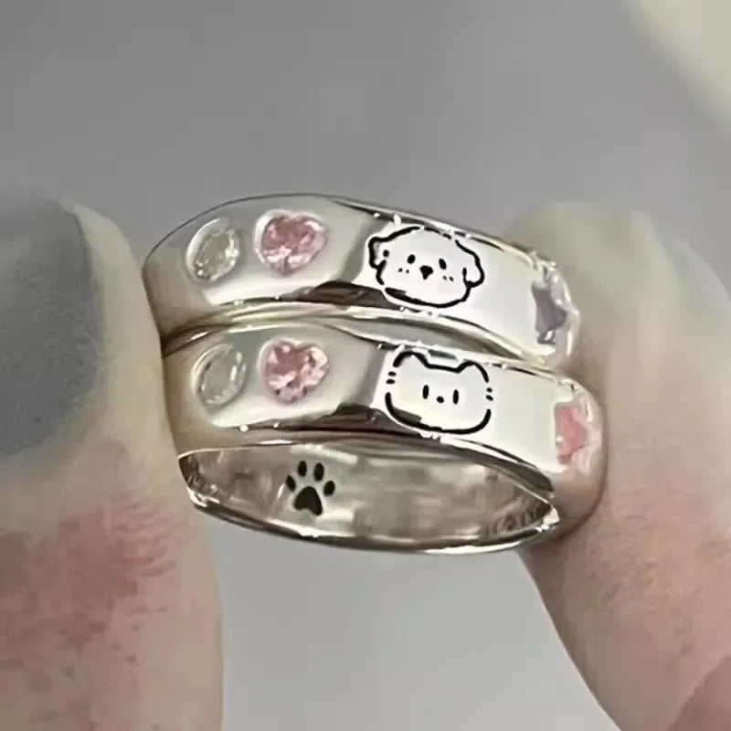 Cat & Dog Rings with Pink CZ Heart & Star - Buy a Set or Choose One, Made of Zink Alloy, Adjustable Size