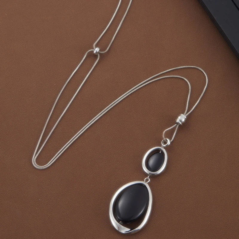 Large Black Stone Pendant Long Snake Alloy Necklace