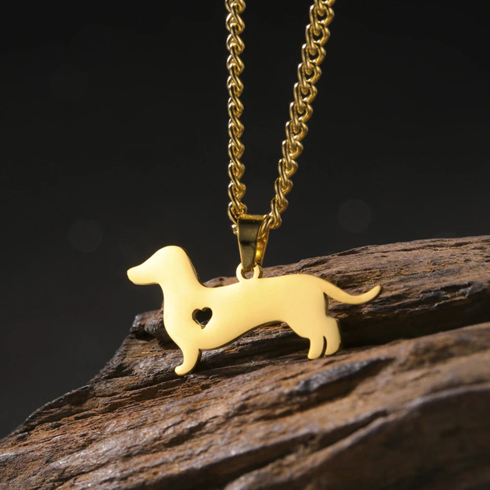 45+5 cm Stainless Steel Pendant Necklace Dachshund Dog Cutout Heart - 4 Options