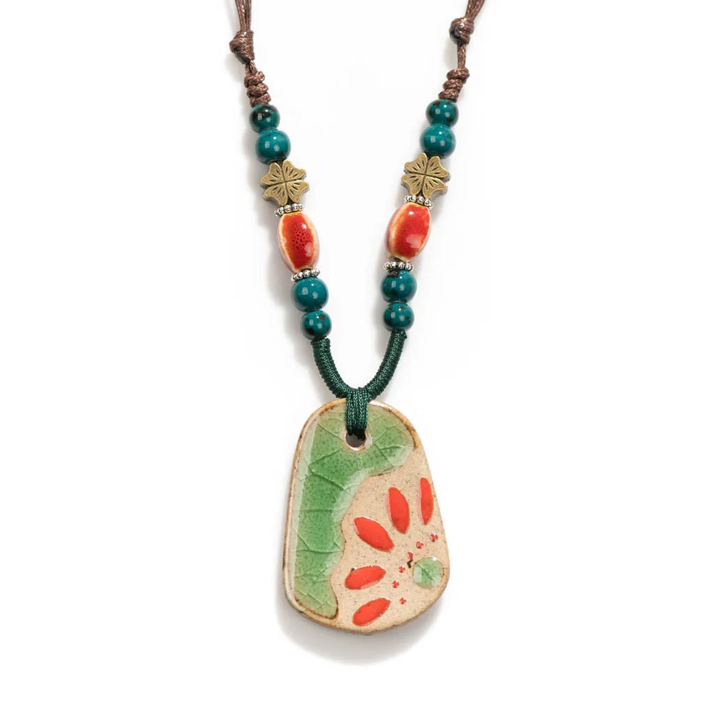 Handmade Ceramic Pendant Beads Necklace Retro