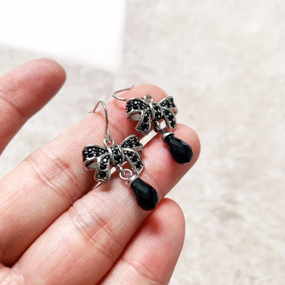Bow Knot Black Drop Crystal Earrings in 925 Sterling Silver