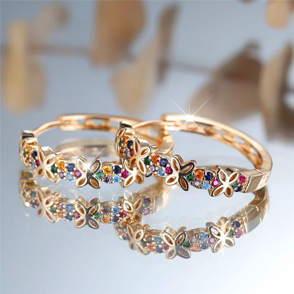 Flower Hoop Earrings in Copper Alloy with Cubic Zirconia Stones