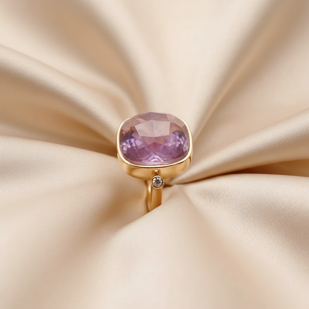 18K Gold Plated Copper Ring with Natural Purple Amethyst Stone, Adjustable