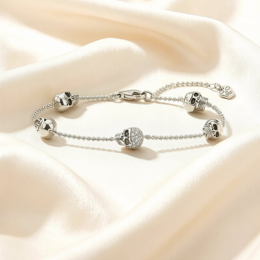 Five Skulls Link Chain Bracelet in 925 Sterling Silver