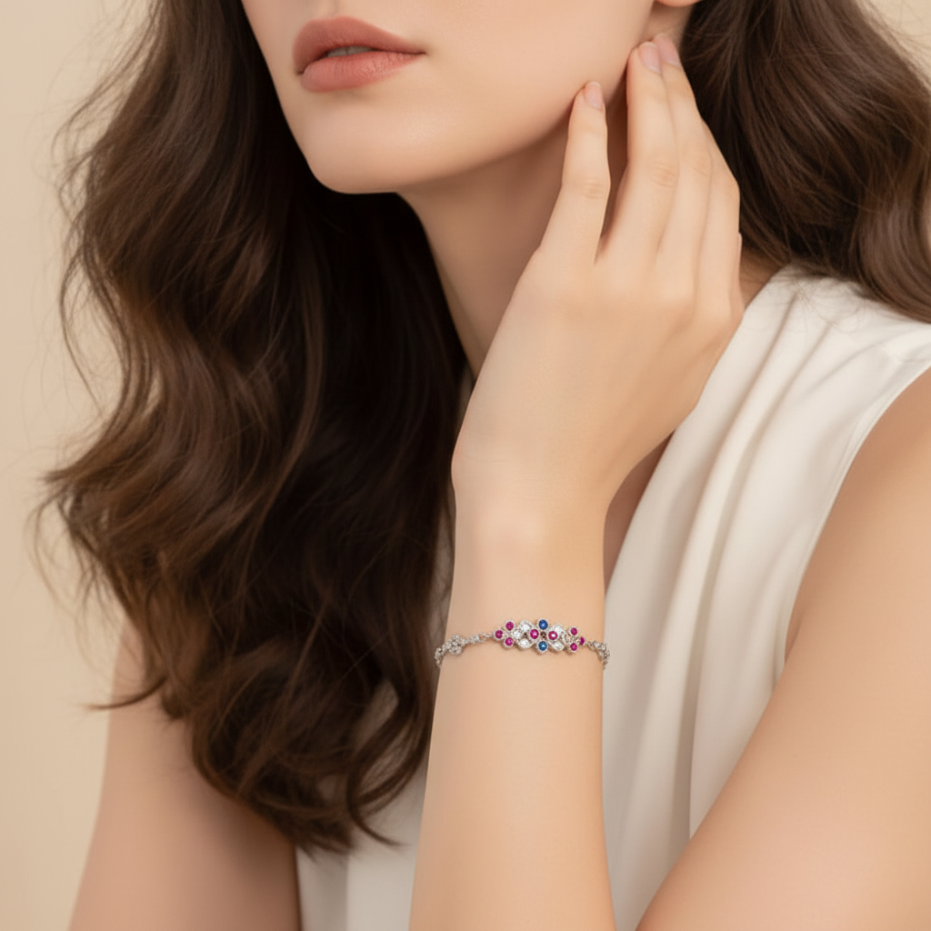 Ornament Link Chain Bracelet in 925 Sterling Silver with Colorful Zircons