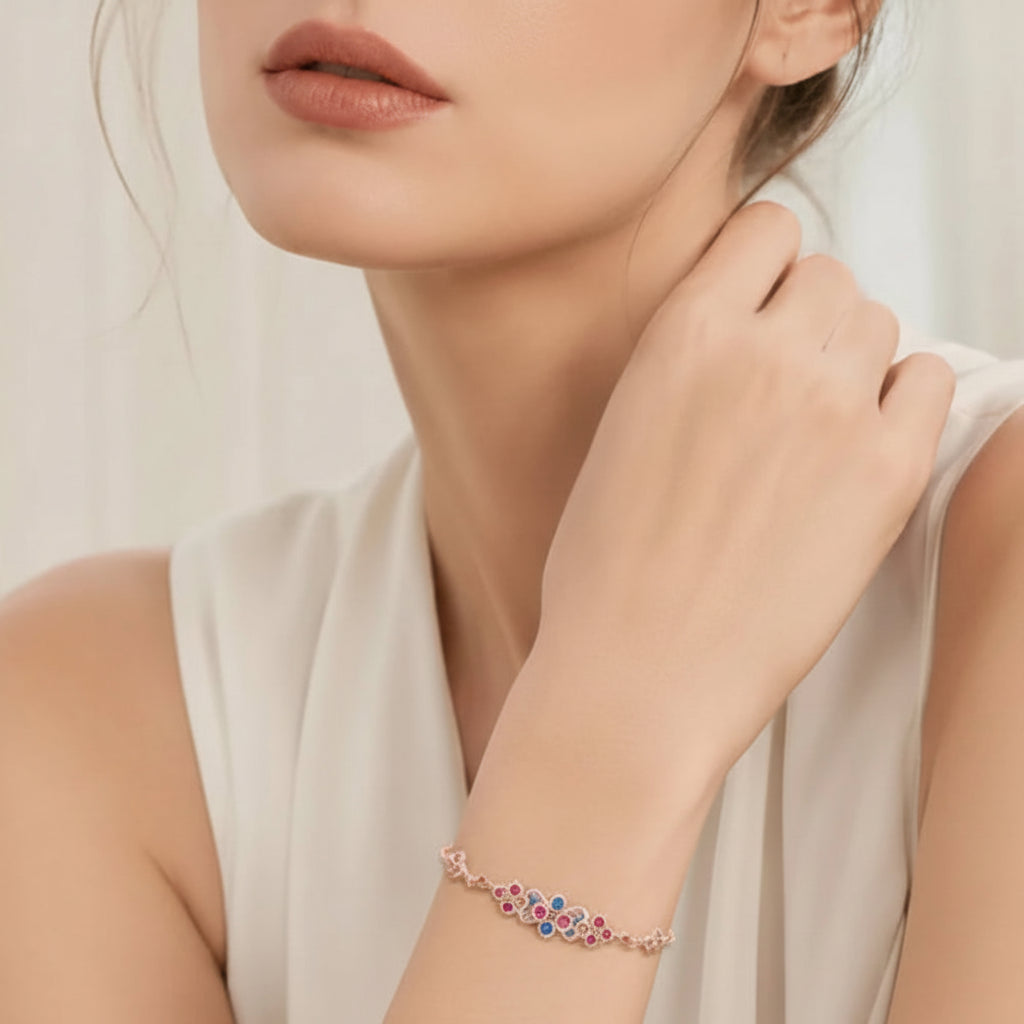 Ornament Link Chain Bracelet in 925 Sterling Silver with Colorful Zircons