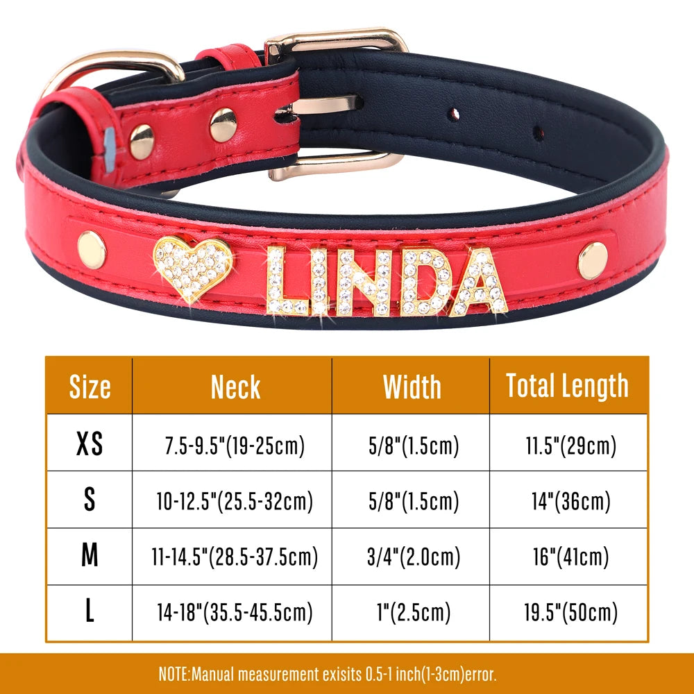 Faux Leather Dog Collar with Rhinestones - Customize, Engrave, Name Tag