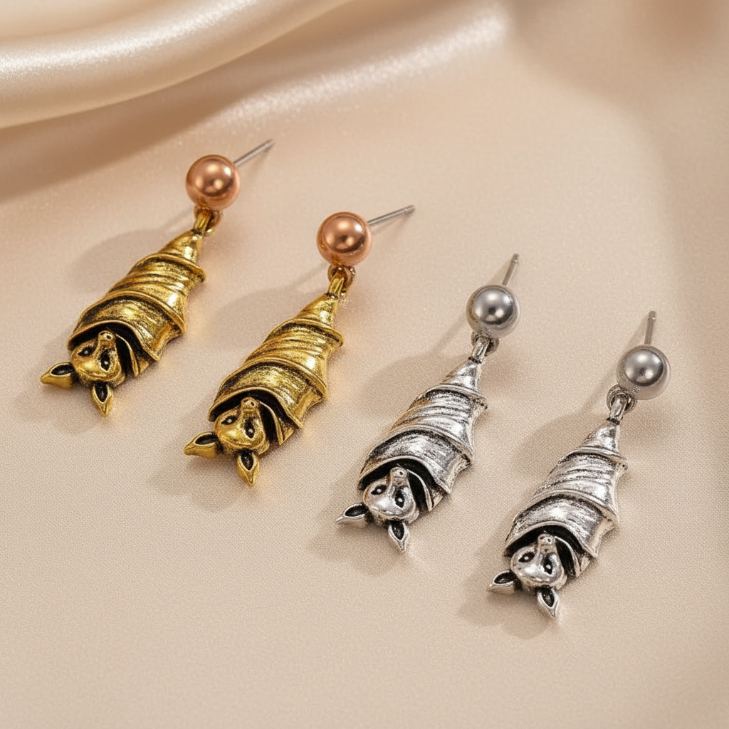 Gothic Dark Bat Pendant Drop Zink Alloy Stud Earrings