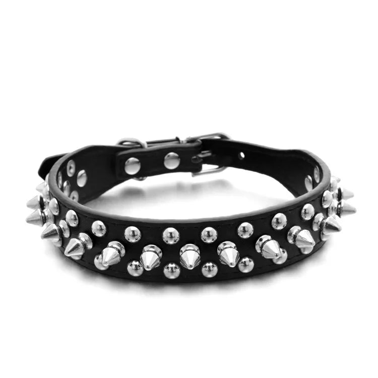 Faux Leather Dog Collar with Spikes - Anti-Bite Rivets, Cool, Attention