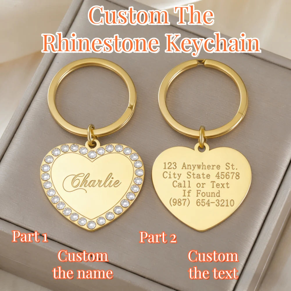 Gold-Plated Heart Rhinestones Pet ID Tag - Custom, Personalized