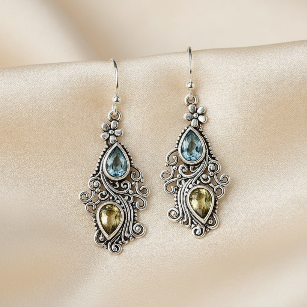 Retro Court Style Sea Blue Topaz Flower Water Droplet Dangle Alloy Earrings