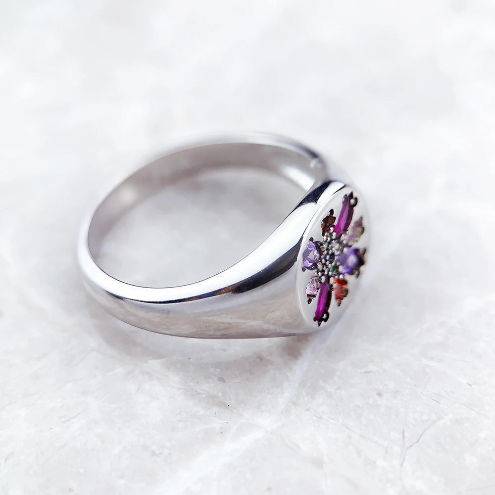 Flower Stamp Band Ring in 925 Sterling Silver with Colorful Zircons