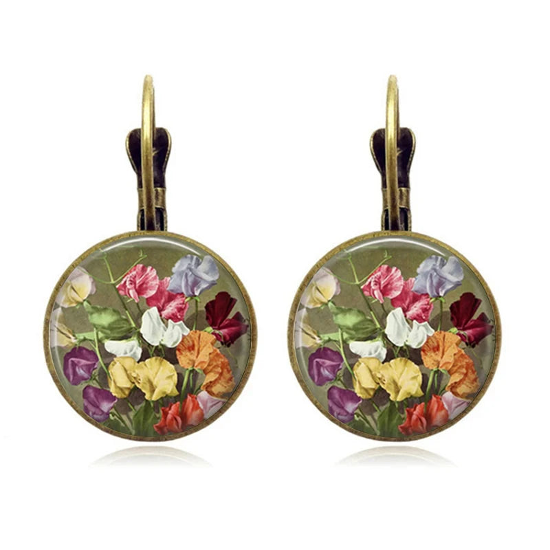 Retro Vintage Pink Rose Flower Round Glass Alloy Earrings - Several Options