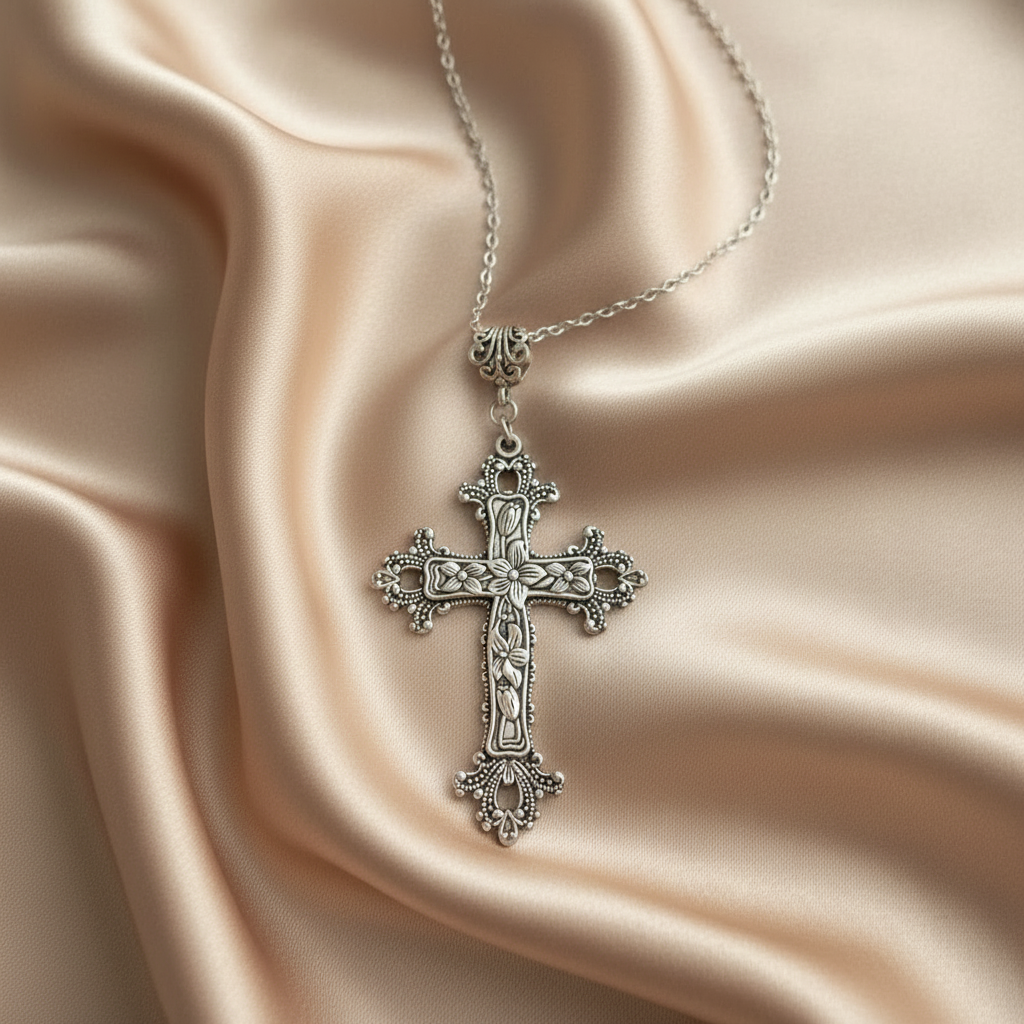 Large Gothic Victorian Flower Detailed Cross Zinc Alloy Necklace