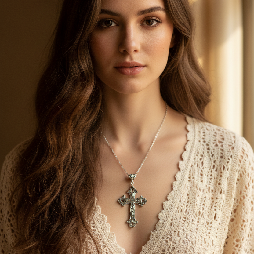 Large Gothic Victorian Flower Detailed Cross Zinc Alloy Necklace