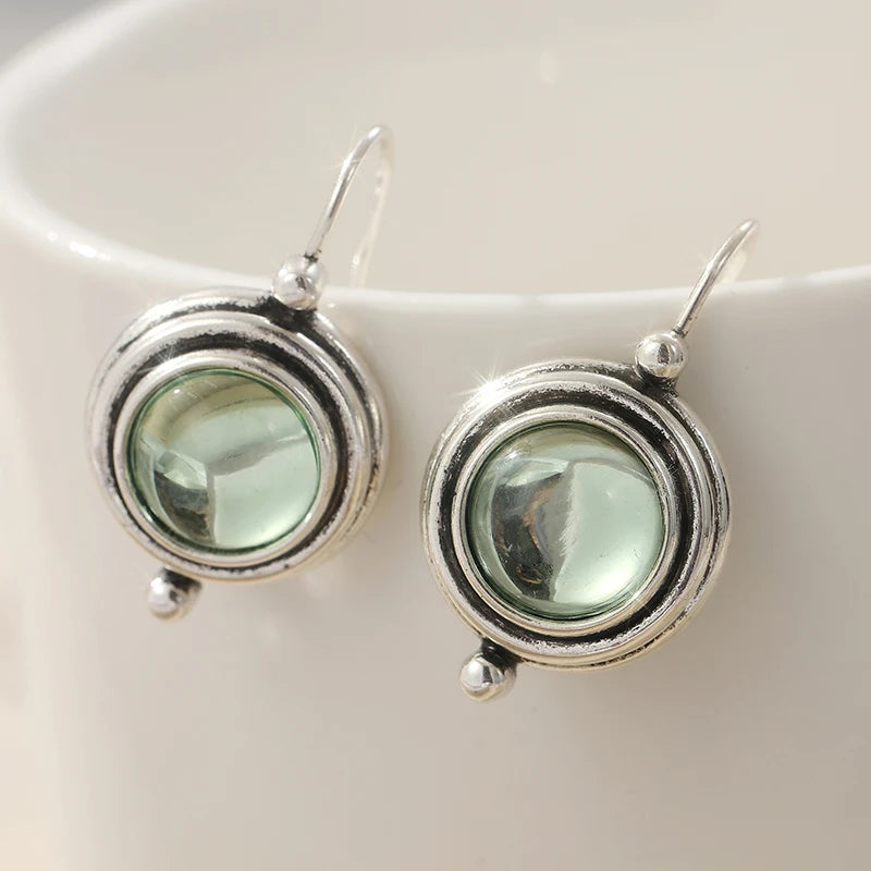 Vintage Inspired Earrings Silver-Plated Copper with Light Green Stone