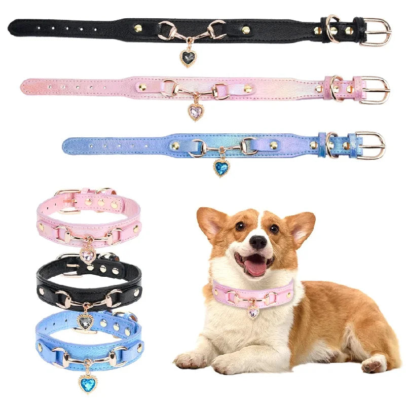 Adjustable PU Leather Pet Collar with Sparkling Rhinestones - Very Soft & Comfy