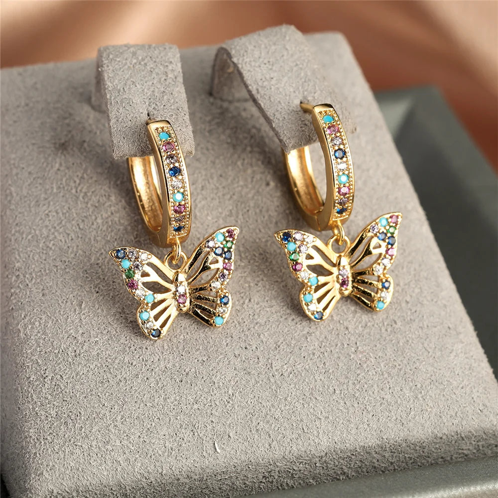 Colorful Butterfly Hoop Earrings in Gold Plated Copper with Zircons