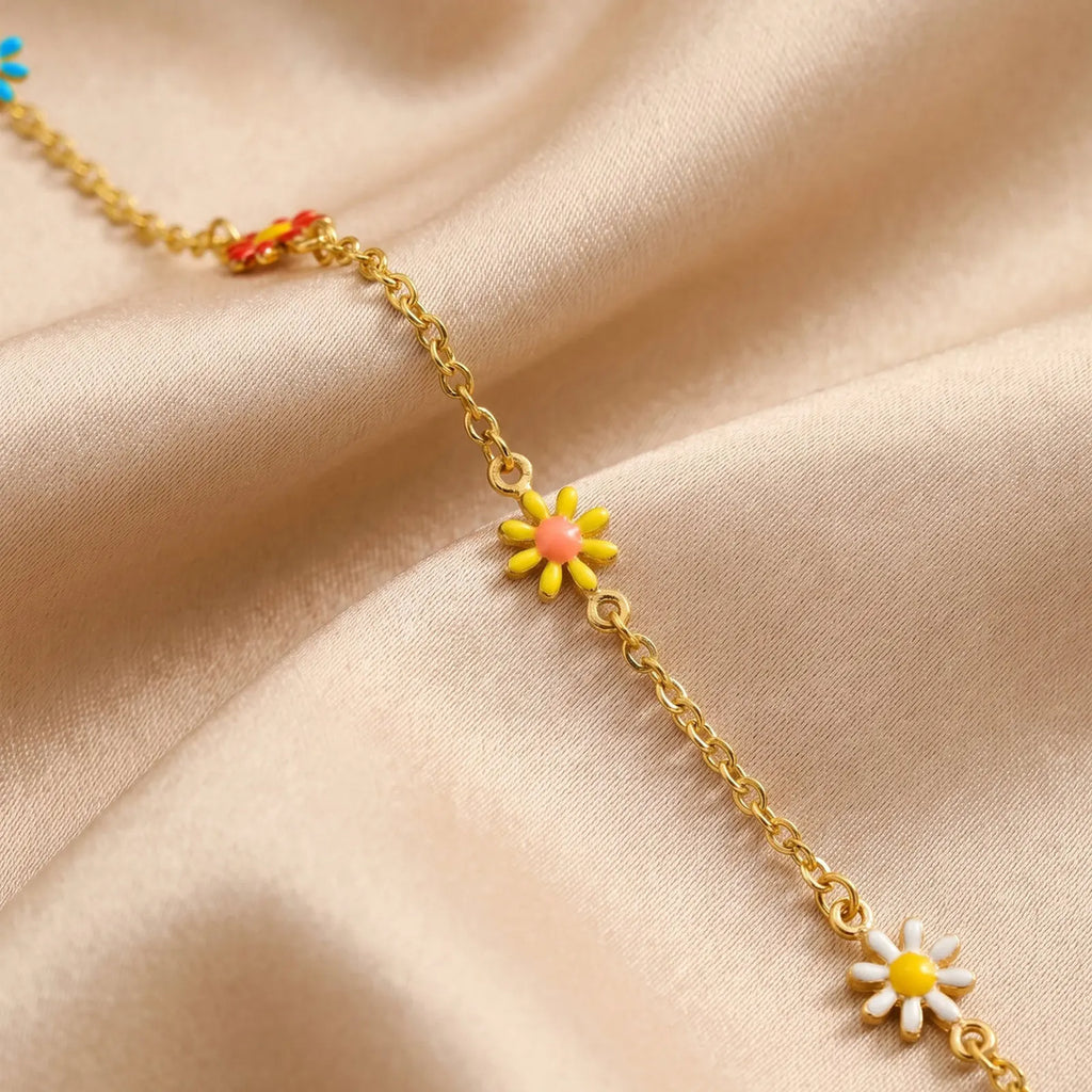 Gold Tone Stainless Steel Colorful Daisy Anklet