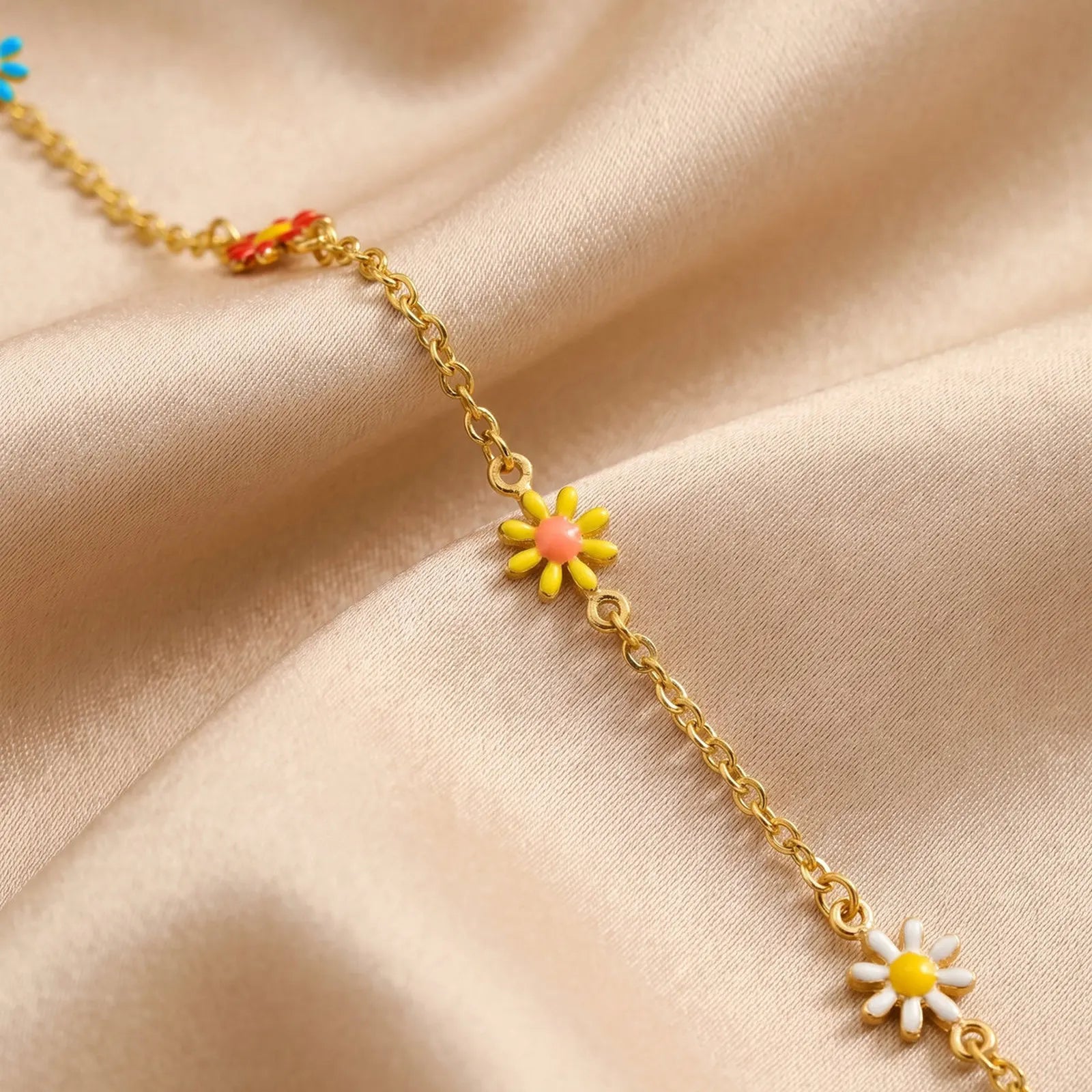 Gold Tone Stainless Steel Colorful Daisy Anklet
