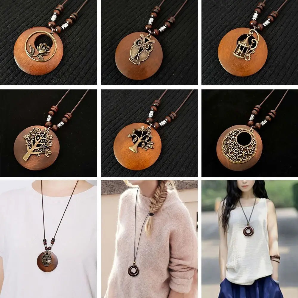 Retro Wooden Pendant Aluminum Alloy Chain Necklace Selection