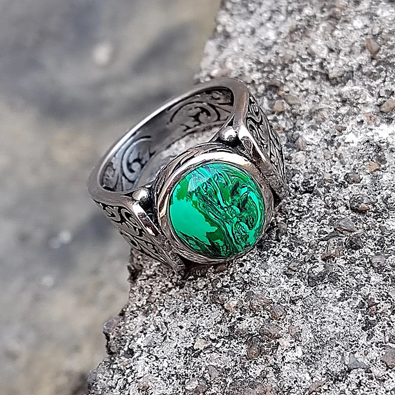 Antique Inspired Large Genuine Malachite Carved Stainless Steel Ring