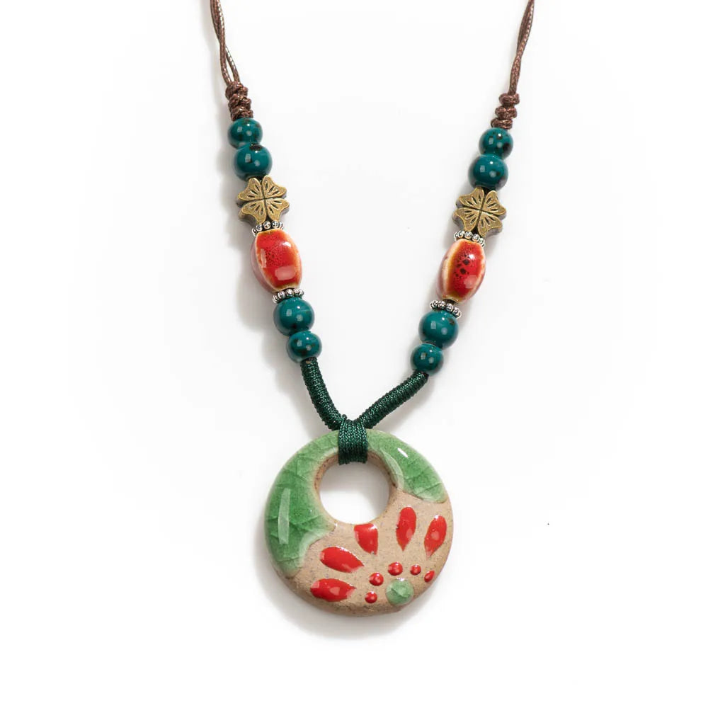 Handmade Ceramic Pendant Beads Necklace Retro
