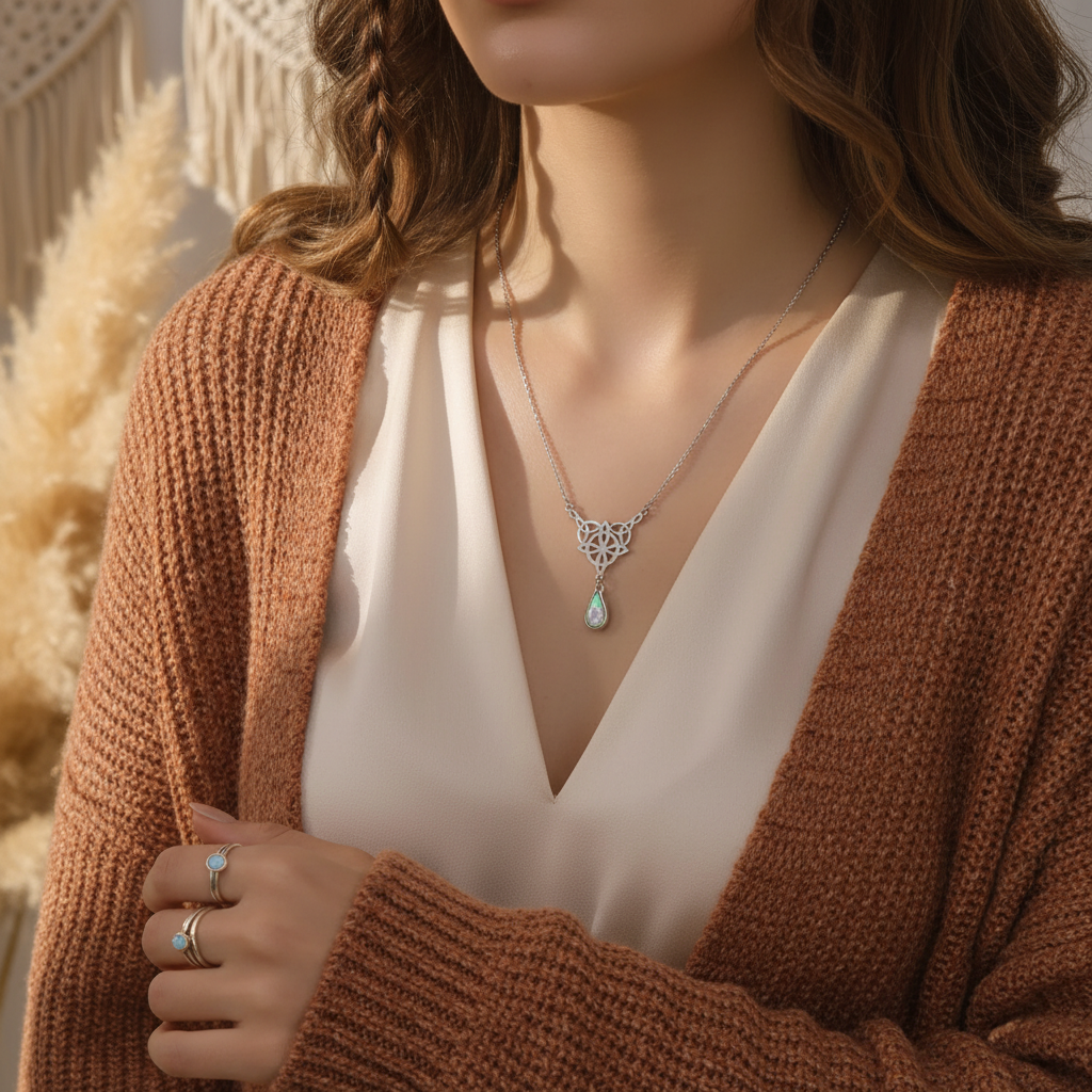 Celtic Knot Stainless Steel Drop Stone Pendant Necklace