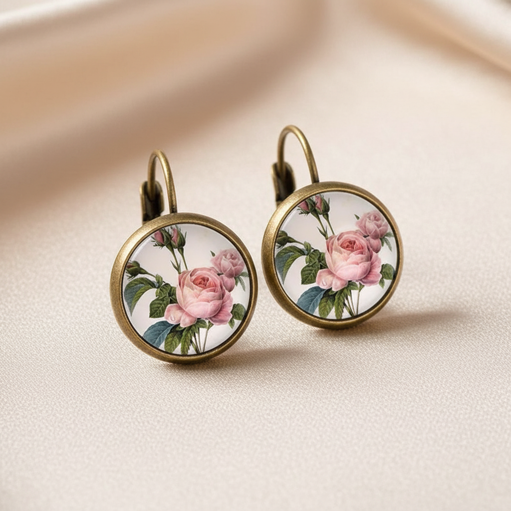 Retro Vintage Pink Rose Flower Round Glass Alloy Earrings - Several Options