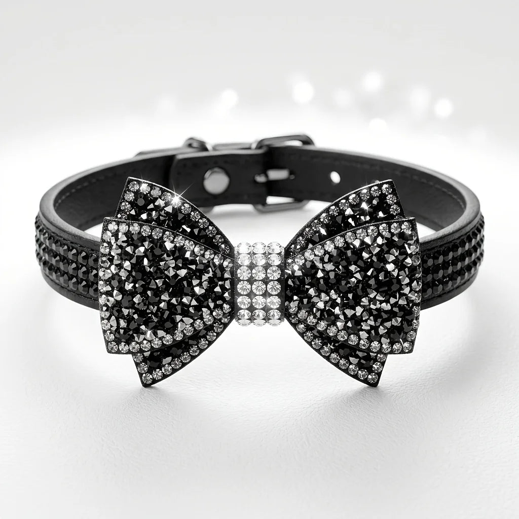 Beautiful PU Leather Pet Collar with Rhinestone Bow - Princess Style, No Choke, Secure Stones