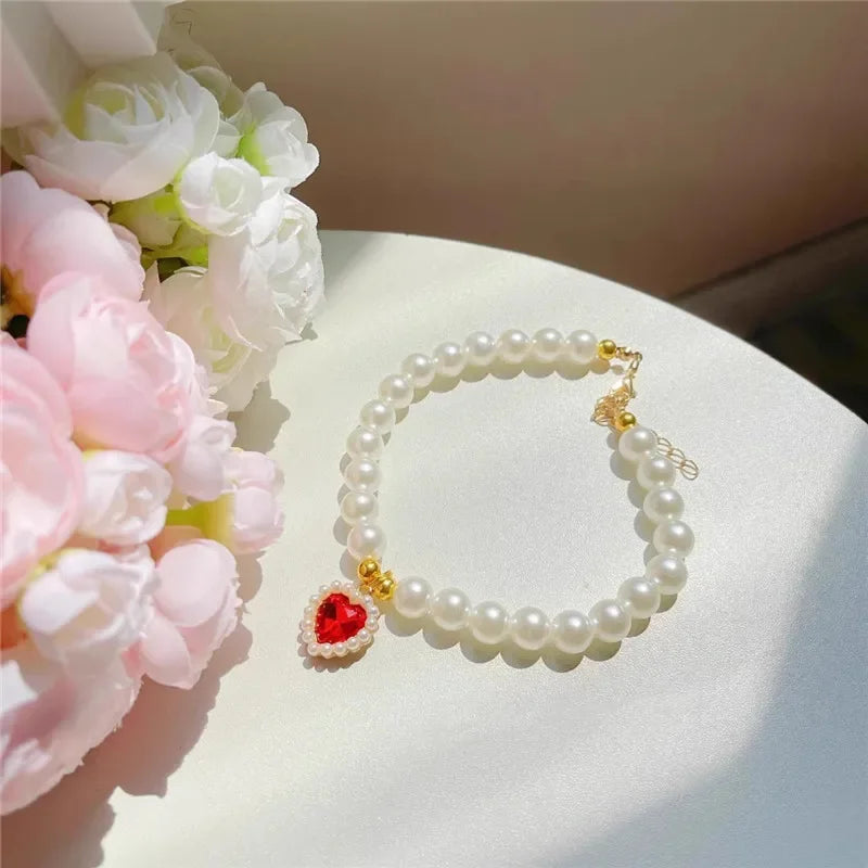 Faux Pearl Dog Necklace & Heart Rhinestone Pearl Pendant