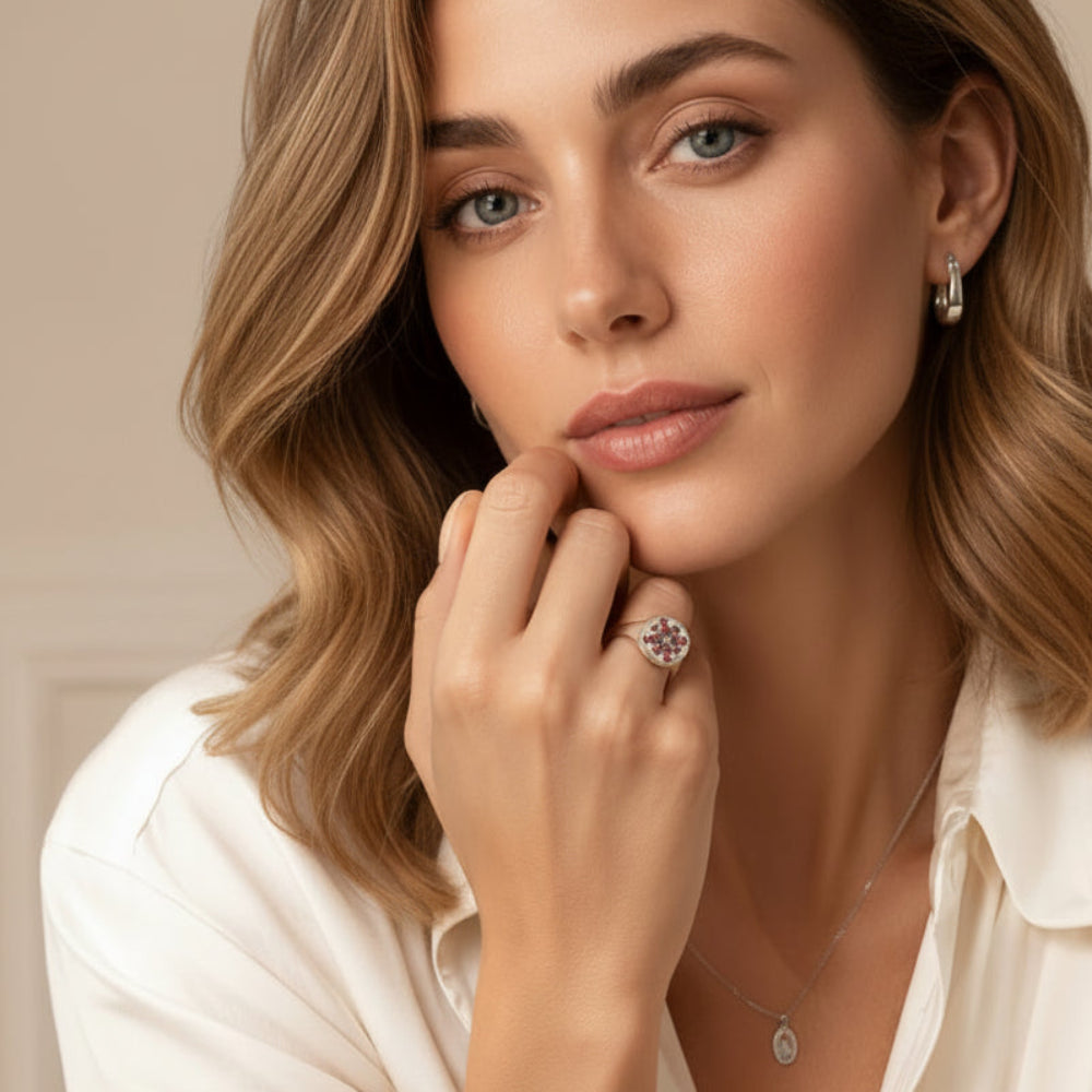 Flower Stamp Band Ring in 925 Sterling Silver with Colorful Zircons