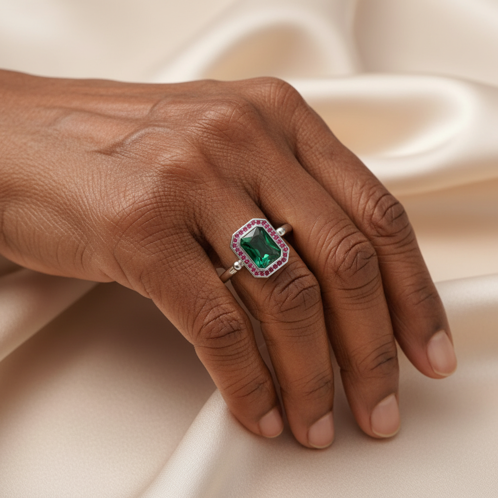 Green & Pink Zircons Cocktail Ring in 925 Sterling Silver
