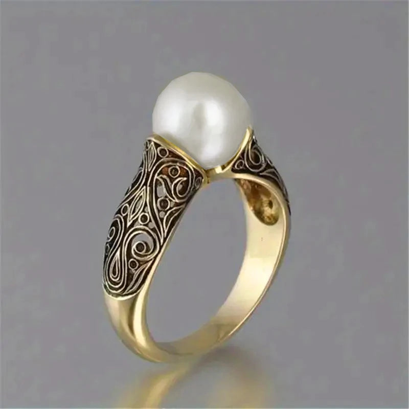 Vintage Inspired Faux White Pearl Two-Tone Ring with Cubic Zirconia & Zinc Alloy