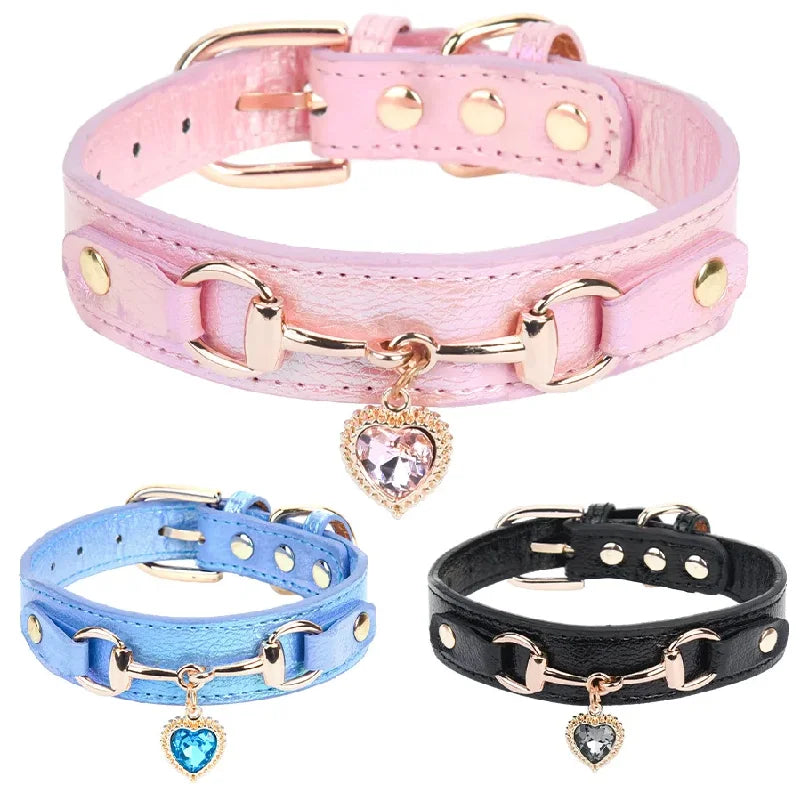 Adjustable PU Leather Pet Collar with Sparkling Rhinestones - Very Soft & Comfy
