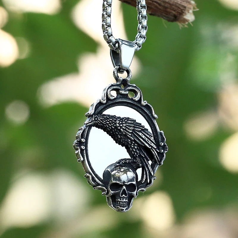 Gothic Stainless Steel Skull Head Crow Pendant Necklace