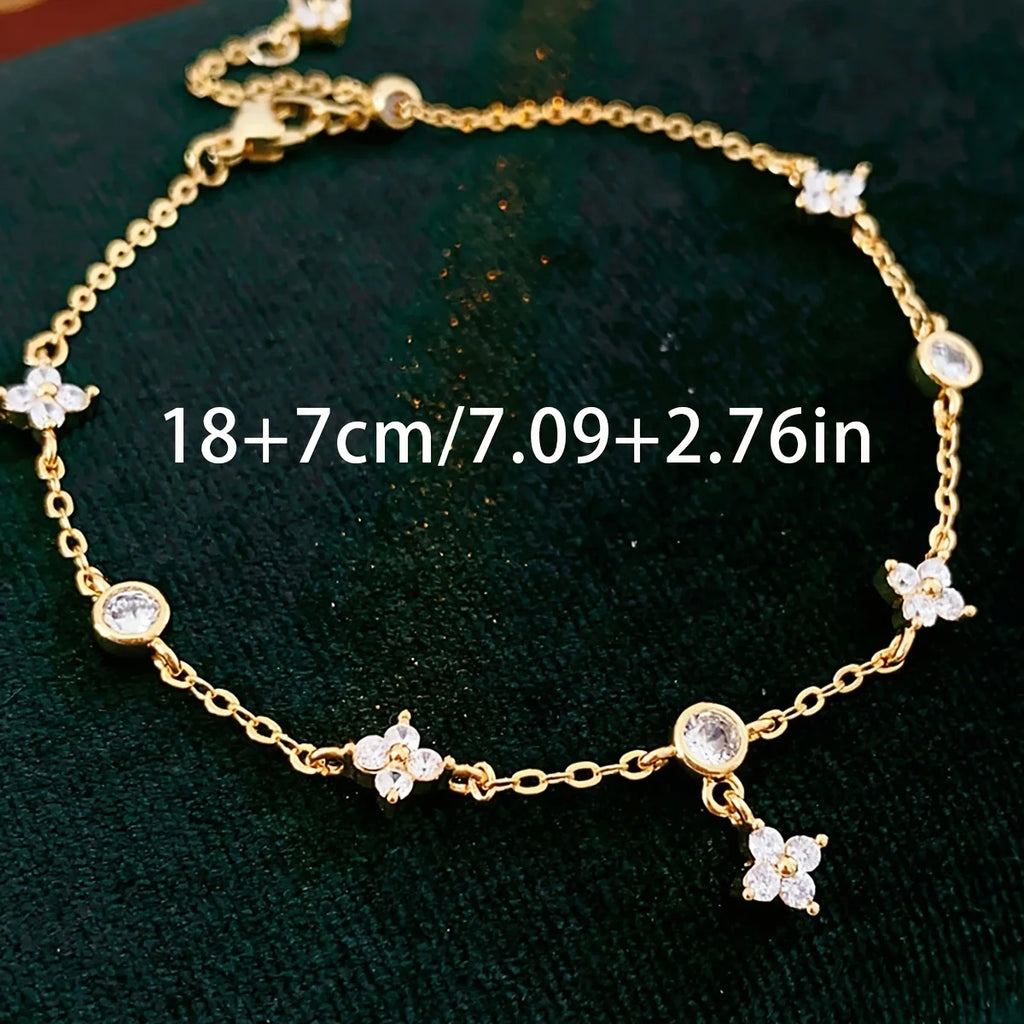 Gold Plated Silver 925 Sterling Silver Zircon Clover Ankle Bracelet