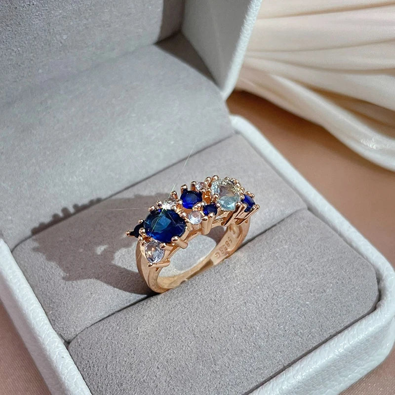 14K Rose Gold Plated Copper Earrings & Ring with Blue Natural Zircons