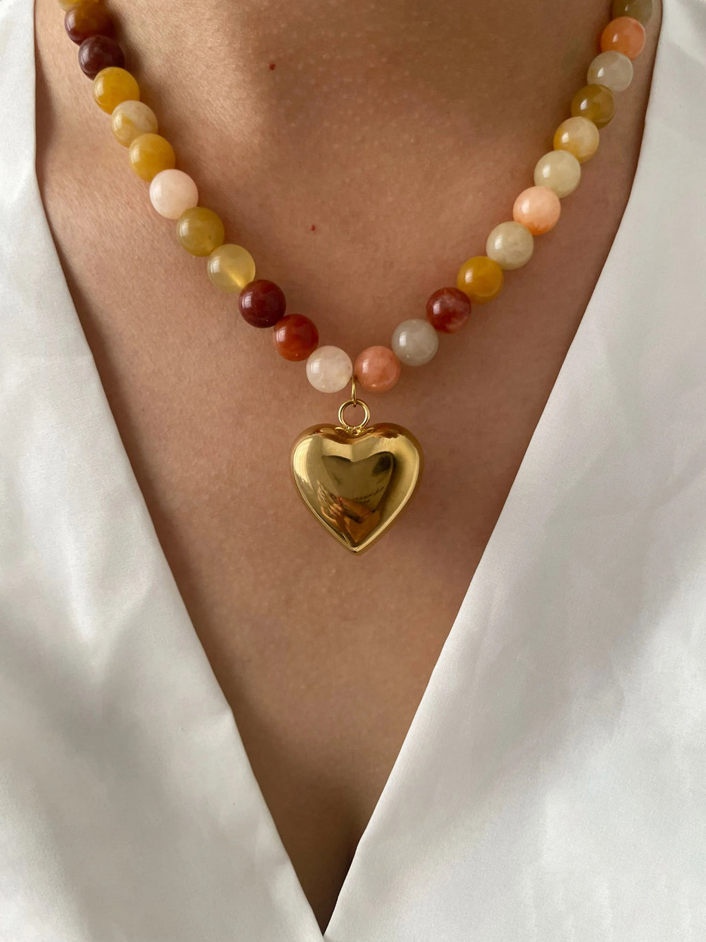 18K Gold Plated Steel Necklace - Boho Brown/Orange Natural Stone Handmade Beaded