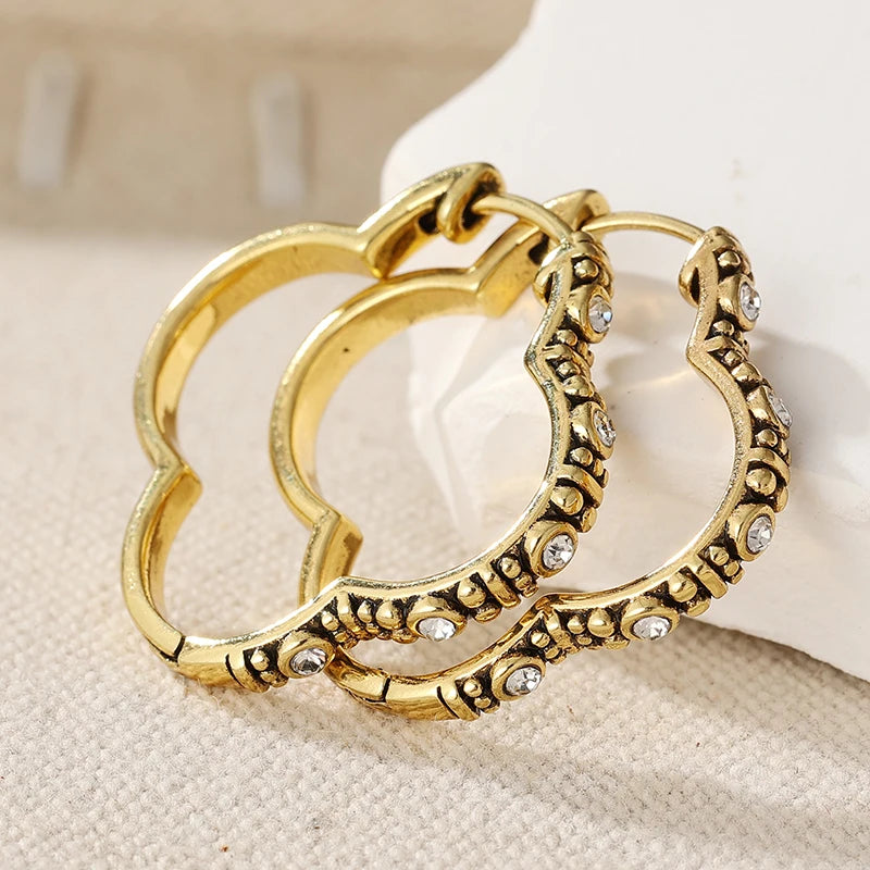 Clover Hoop Earrings with Cubic Zirconia & Antique Detail Design