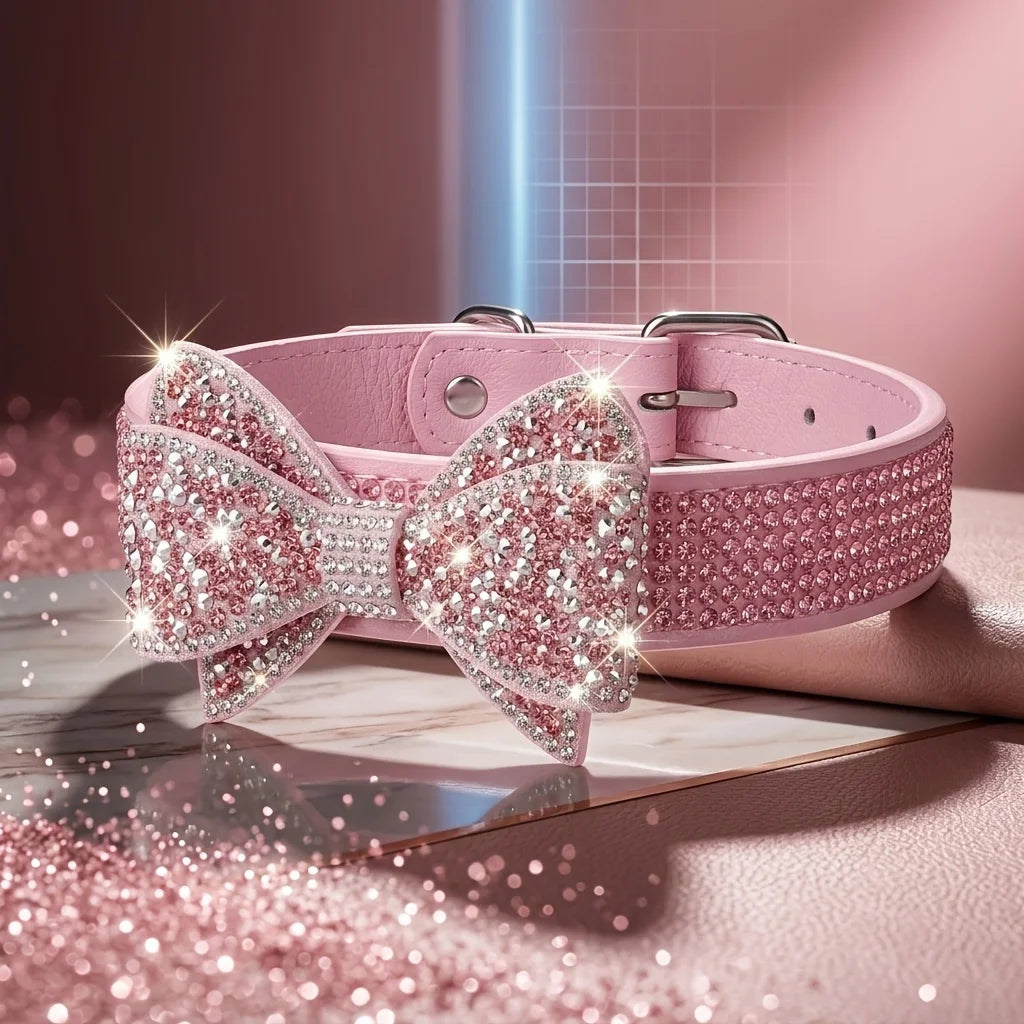Beautiful PU Leather Pet Collar with Rhinestone Bow - Princess Style, No Choke, Secure Stones