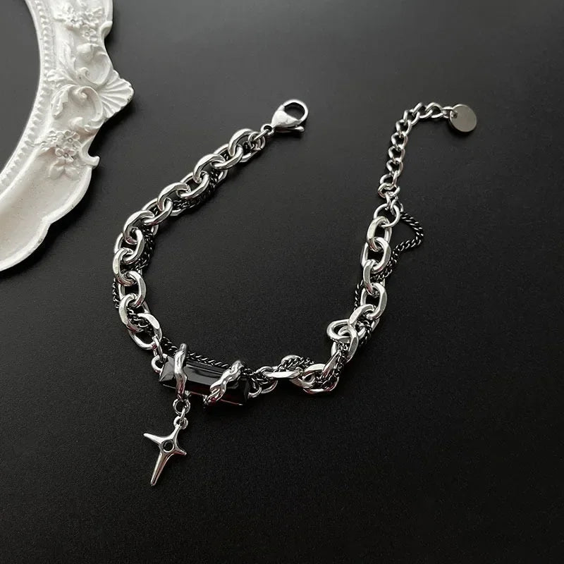 Retro Black Zircon Star Chain Stainless Steel Punk Bracelet