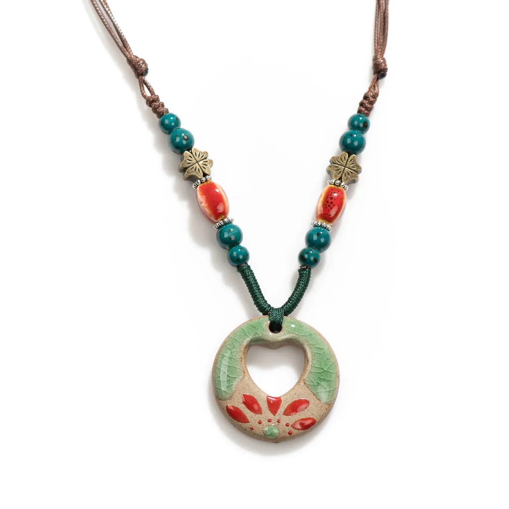 Handmade Ceramic Pendant Beads Necklace Retro